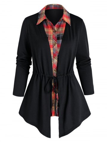 2 In 1 Plaid Panel Shirt Collar Cinch Top