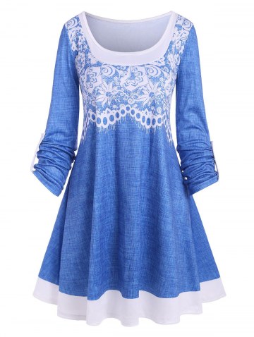 3d Denim Floral Print Roll Up Sleeve Tunic Dress
