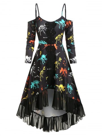 Applique Dinosaur Bone Print High Low Dress