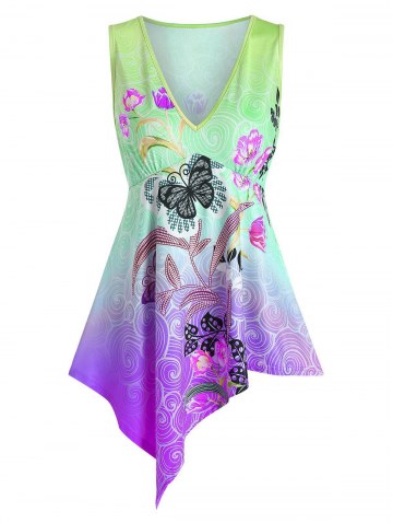 Butterflies And Flowers Print Asymmetric Tank Top