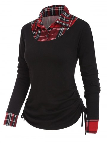 Button Placket Shirt Collar Plaid Insert T-shirt