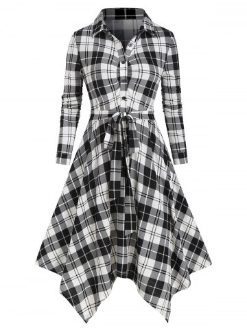 Button Two Tone Plaid Irregular Shirt Dress