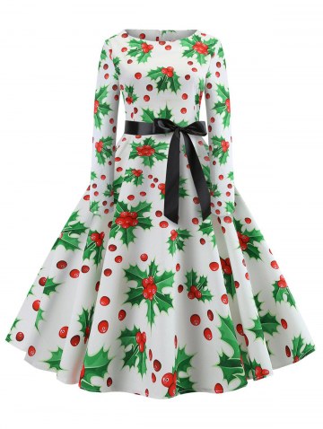 Christmas Berry Print Long Sleeve Belted Dress