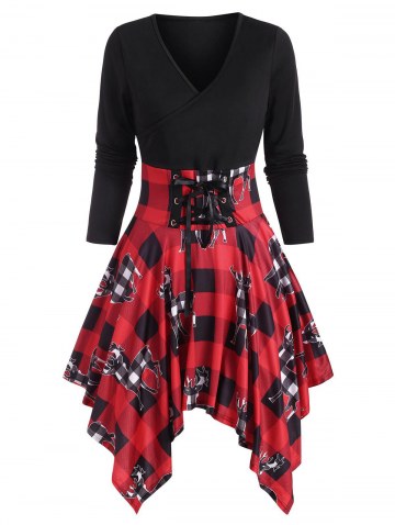 Christmas Lace Up Elk Plaid Print Handkerchief Dress