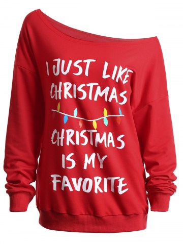 Christmas Slogan Letters Print Skew Neck Sweatshirt