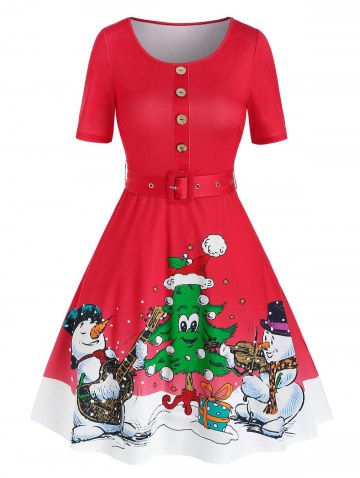 Christmas Vintage Tree Snowman Print Dress