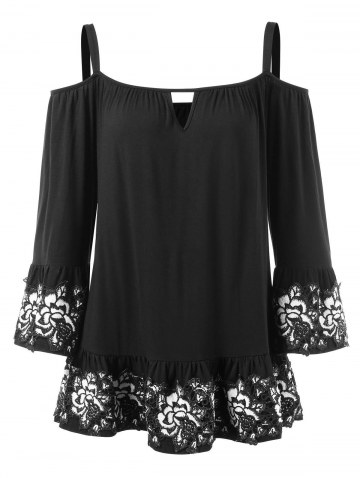 Cocheted Floral Ruffles Brim Shoulder Baring Blouse