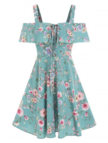 Cold Shoulder Floral Print Lace-up Dress