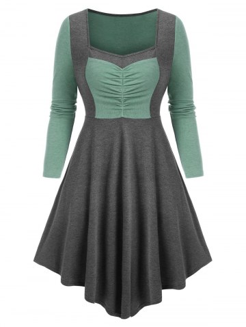 Contrast Color Ruched Asymmetric Long Sleeve Dress