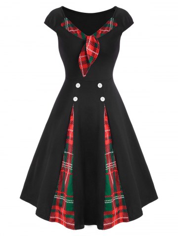 Contrast Plaid Godet Bowtie Vintage Dress