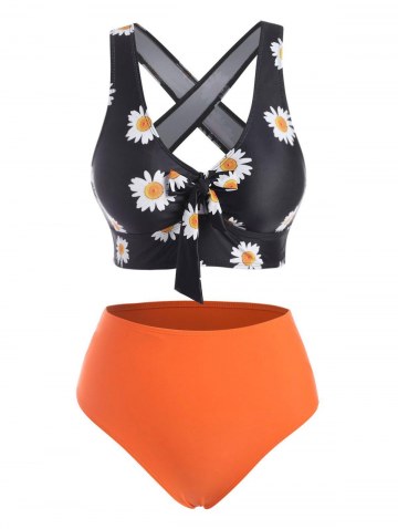 Daisy Print Crisscross Knot Tankini Swimwear