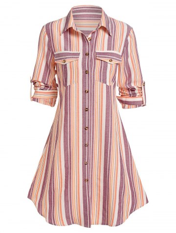 Double Pockets Striped Print Shirt Dress
