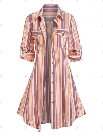 Double Pockets Striped Print Shirt Dress