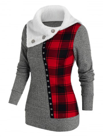 Faux Fur Collar Plaid Patchwork Knitwear