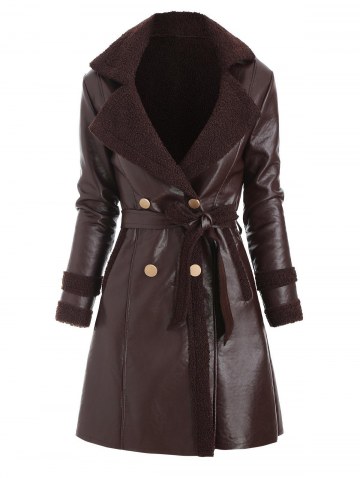 Faux Leather Shearling Insert Belted Pocket Coat