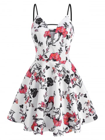 Floral Print Ladder Cut Plunge Front Skater Dress