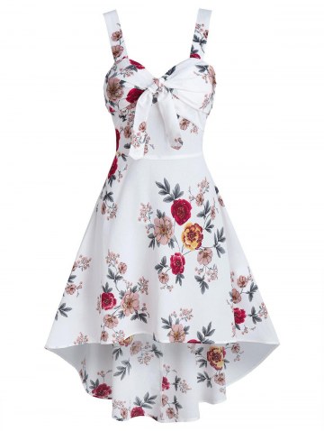 Floral Print Sleeveless Knotted High Low Dress