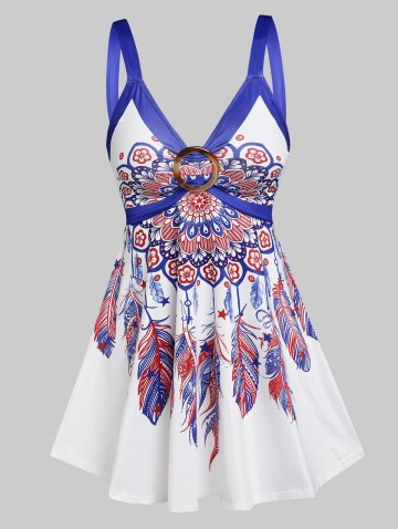 Flower Feather Print O-ring Detail Tank Top