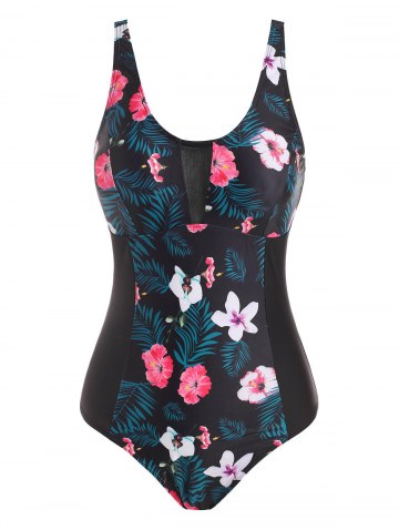 Flower Leaf Print Mesh Insert One-piece Swimsuit