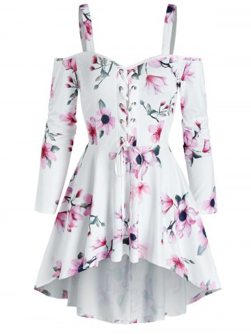 Flower Print Cold Shoulder Lace-up High Low Dress