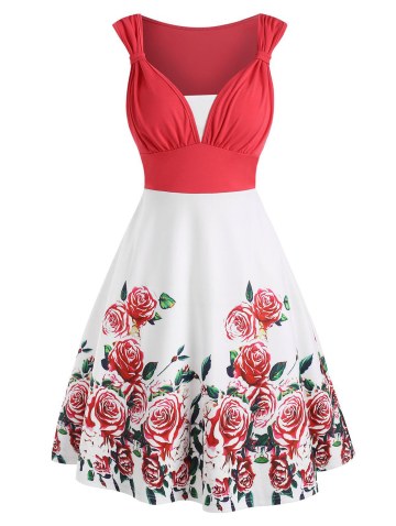 Flower Print Colorblock Knotted Sleeveless Dress