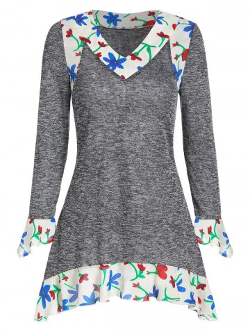 Flower Print Marled Asymmetric Ruff Cuff Long Sleeve Tee