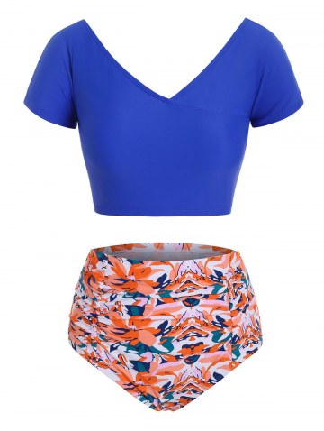 Flower V Neck Tummy Control Two Pieces Swimwear