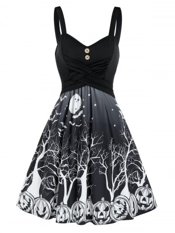 Halloween Pumpkin Print Crisscross High Waist Cami Dress