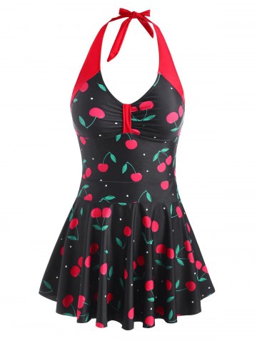 Halter Cherry Print Boyshorts Peplum Tankini Swimwear
