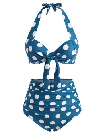 Halter Polka Dot Underwire Ruched High Waist Bikini Swimwear