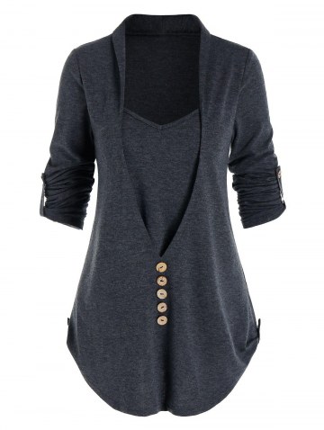 Heathered Mock Button Faux Twinset T-shirt