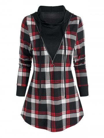 Hooded Plaid Print Faux Twinset Blouse