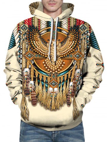 Indian Eagle Pattern Front Pocket Drawstring Hoodie
