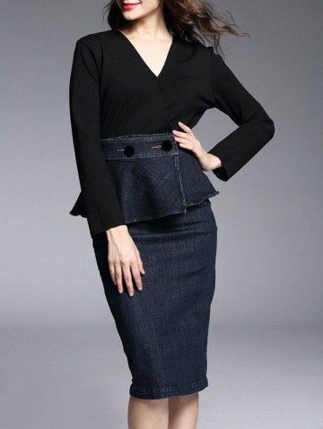 Knee Length Work Pencil Long Sleeve Peplum Dress