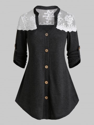 Lace Insert Button Up Heathered T-shirt