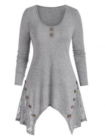 Lace Insert Mock Button Asymmetric Tunic Knitwear
