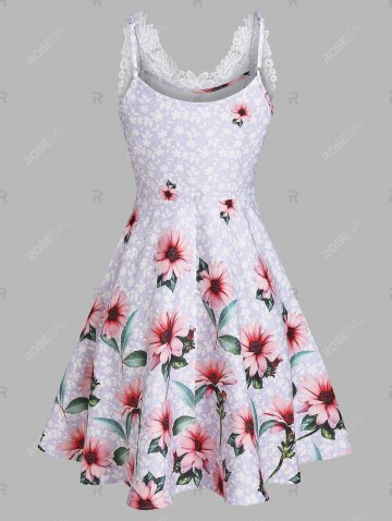 Lace Panel Floral Pattern Flare Mini Dress