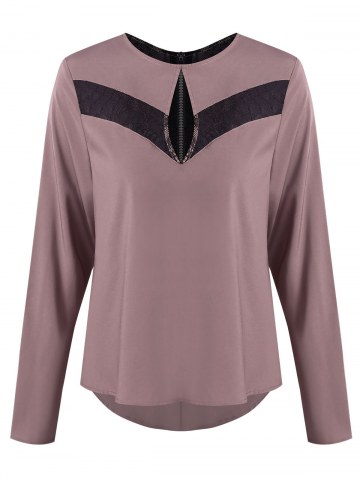 Lace Panel Half Zip Back Asymmetrical Blouse