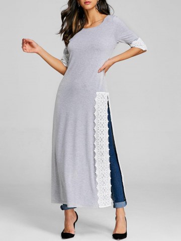 Lace Panel High Split Long T-shirt