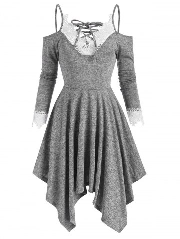 Lace Panel Open Shoulder Lace Up Long Sleeve Dress