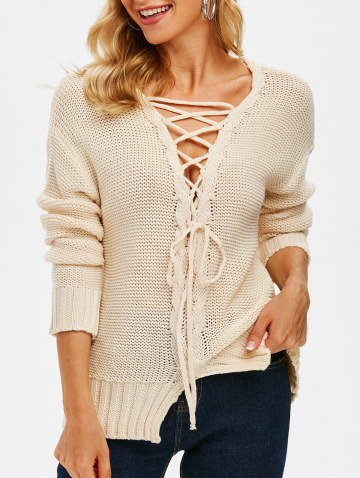 Lace-up Cable Knit Drop Shoulder Sweater