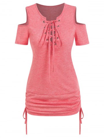 Lace Up Cold Shoulder Cinched Tee