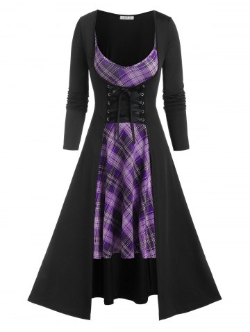 Lace Up Longline Top And Plaid Mini Cami Dress