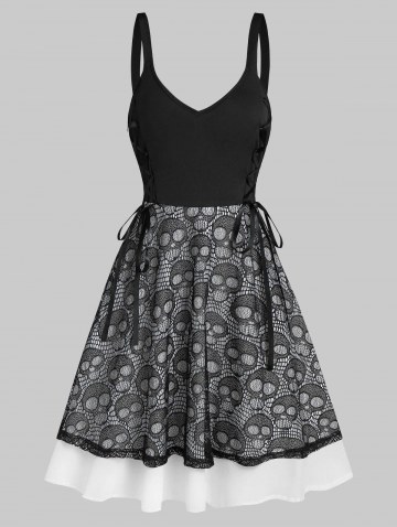 Lace Up Skull Pattern Lace Mini Cami Dress