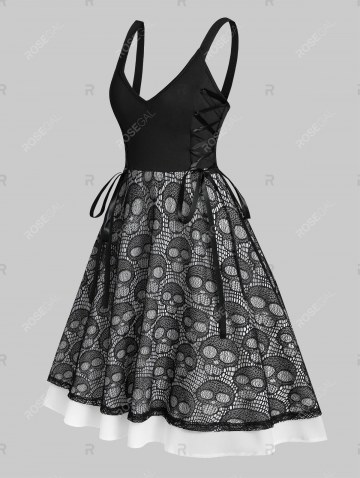 Lace Up Skull Pattern Lace Mini Cami Dress