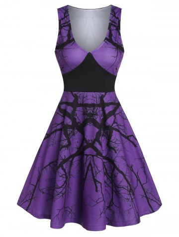Low Cut Branch Print A Line Dress