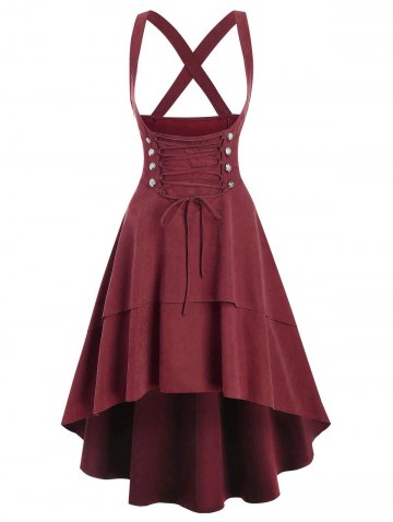 Mock Double Button Layered High Low Suspender Skirt