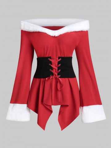 Off Shoulder Faux Fur Trim Corset T Shirt