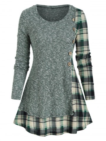 Plaid Insert Mock Button Heathered Knitwear