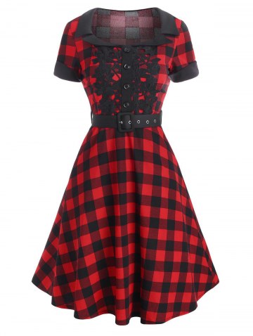 Plaid Lace Applique Cuffed Belt Vintage Dress